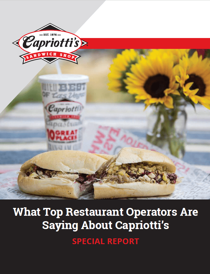 cut sandwich with title, "What Top Restaurant Operators are Saying About Capriotti's"